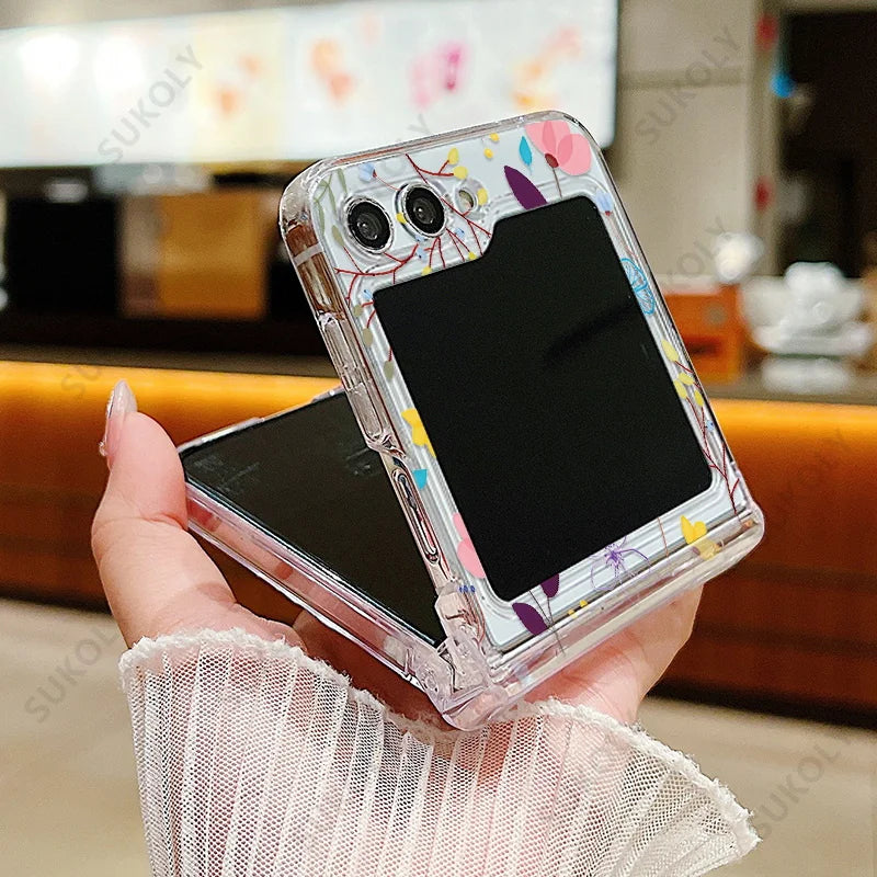 Flower Pattern Folding Case For Samsung Galaxy Z Flip7 FE Flip7 Flip6 Clear Shockproof Cover For Samsung Galaxy Z Flip 7 6 5 4 3