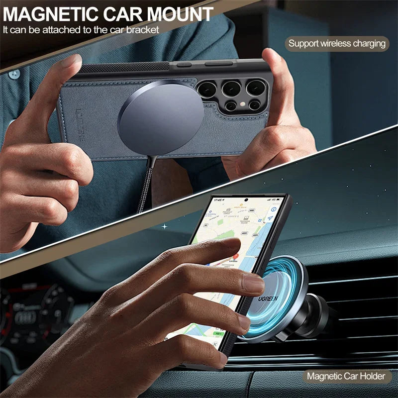 Magnetic Leather Phone Case for Samsung Galaxy S26 S25 Edge S24 Ultra S23 FE S22 Plus S21 S20 A17 A37 A57 Wireless MagSafe Cover