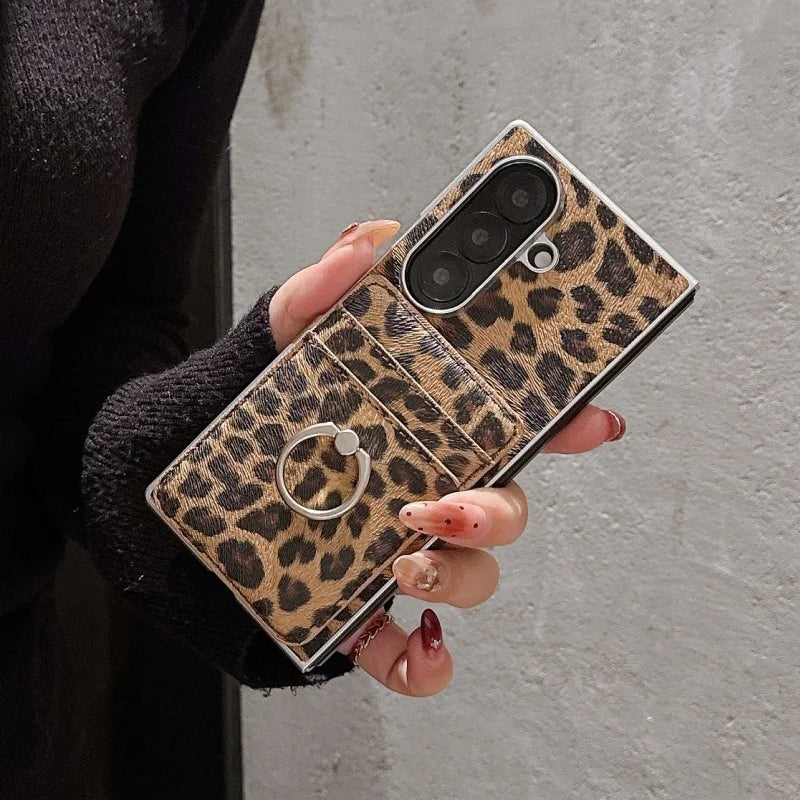 Fashion Leopard Print Magnetic Phone Case For Samsung Z Fold 7 6 5 4 ZFold5 Fold7 Cover with Magsafe Card Slot Holder Cute Cases