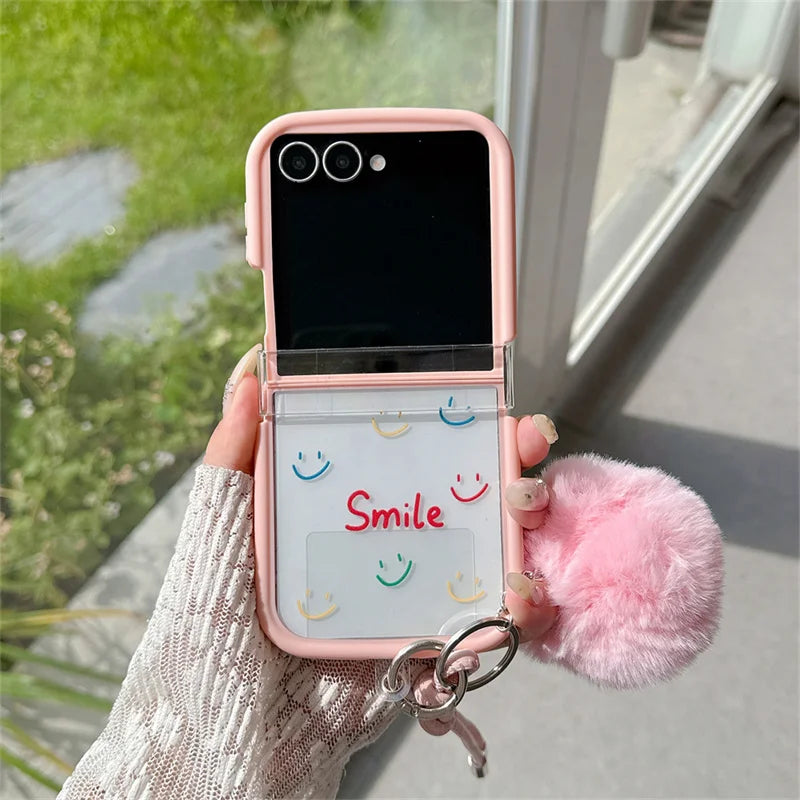 Pink Floral Smile Clear Hinge Strap Furry Ball Phone Case For Samsung Galaxy Z Flip 8 7 6 5 4 3 Z Flip8 Cute Shockproof Cover Gi