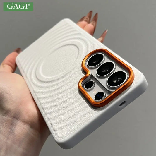 Luxury Water Ripple Leather Pattern for Magnetic Case for Samsung Galaxy S26 Ultra S25 Edge S24 Ultra Orange Lens Frame Cover