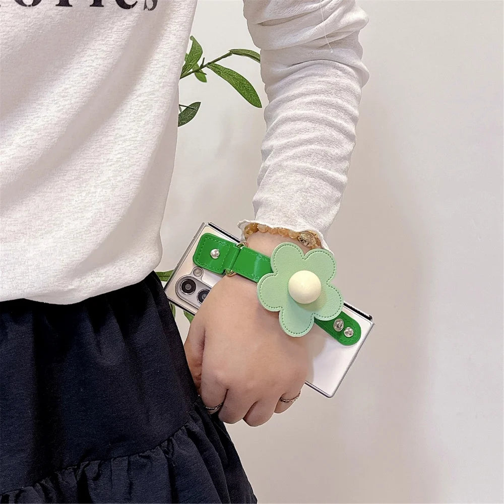 For Samsung Galaxy Z Fold7 Fold 7 6 5 4 3 Zfold6 3D Flowers Leather Wristband Phone Case Plating Silver Frame Shockproof Cover