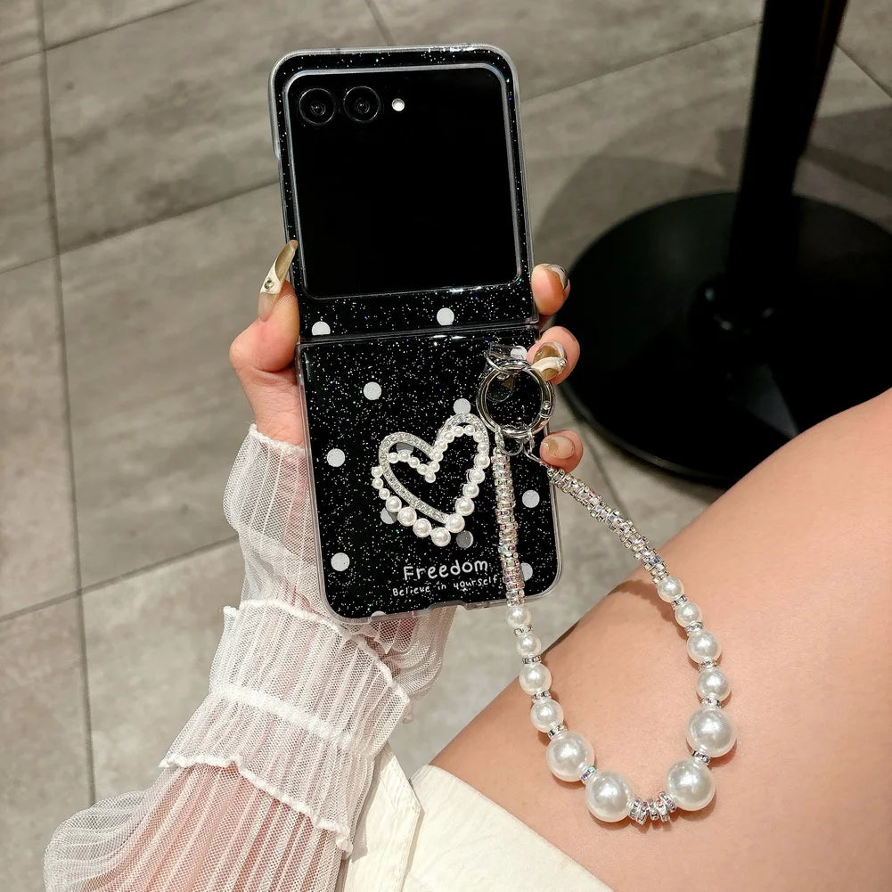 Polka Dot Glitter DIY Love Pearl Bracelet Phone Case For Motorola Razr 60 Ultra Moto Razr 60 2025 50 protect Cover