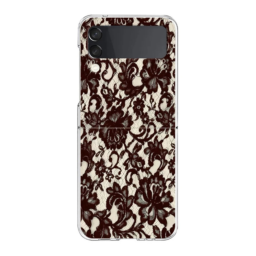 Transparent Phone Case For Samsung Galaxy Z Flip 3 4 5 6 7 Hard Folding PC Z Flip3 Flip4 Cover Lace Printed