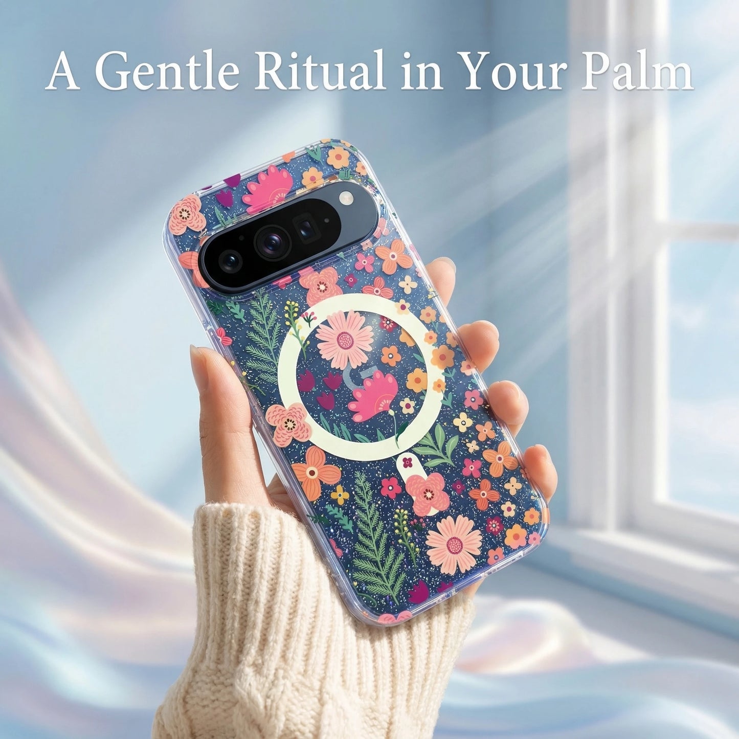 For Google Pixel 10ProXL 9ProXL 9/10Pro 10A 9A Phone Case, IMD Floral Transparent Glitter Gradient Blue Light Shockproof Cover.
