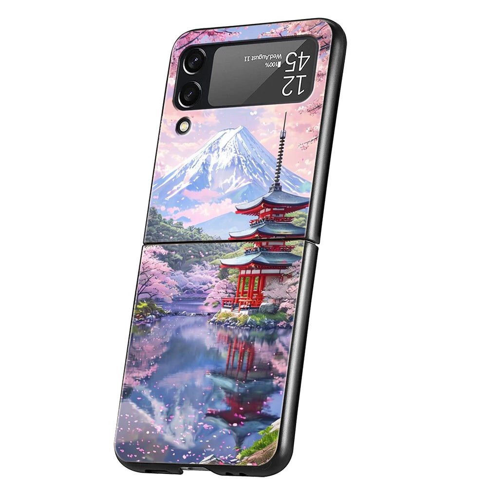 Hard PC Phone Case For Samsung Galaxy Z Flip 7 6 5 4 Black Cover For Galaxy Z Flip 3 Foldable Shockproof Pink Sunset Mountain