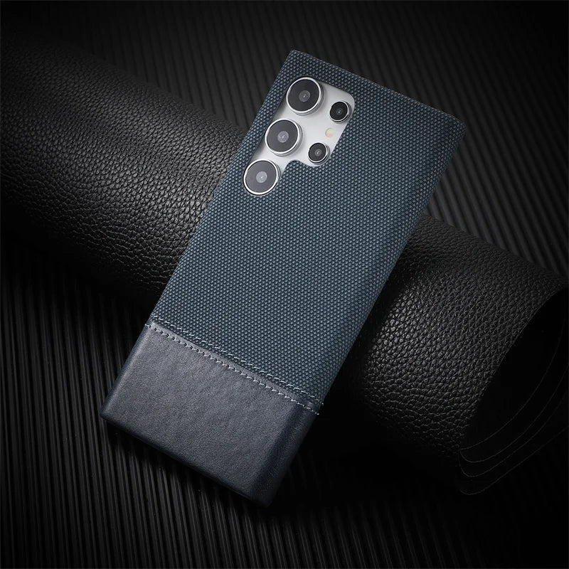 For Samsung Galaxy S23 S24 S25 Ultra Personalised Nylon Fabric Stitched With Leather Case Frameless Cooling Shockproof PC Cover