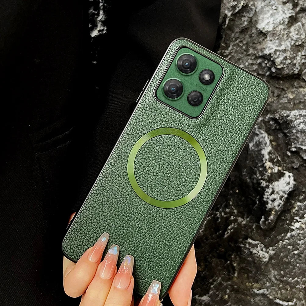 With Magsafe Magnetic Plain Leather Lychee Case For Moto G 2025 G Power 2025 G15 Power G05 G55 G35 G45 E15 Camera protect Cover