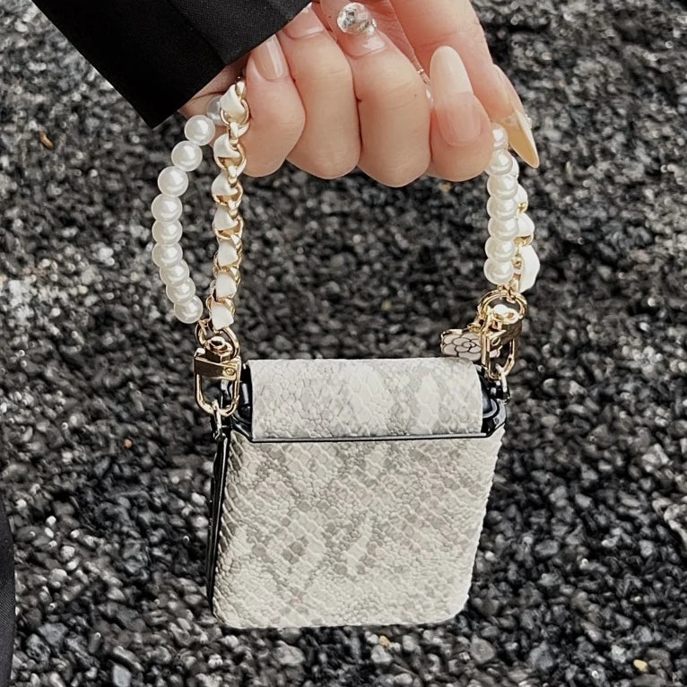 Luxury Snake Texture PU Leather Case For Samsung Galaxy Z Flip7 Flip 7 6 5 4 Zflip6 Case Pearl Flower Bracelet Strap Back Cover