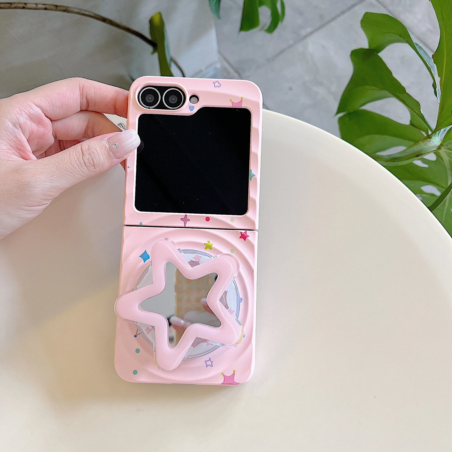 Korean Cute Star Wave Case For Samsung Galaxy Z Flip 5 6 5G Flip6 Flip5 2-piece set With Bracelet Love Heart Holder  Back Cover