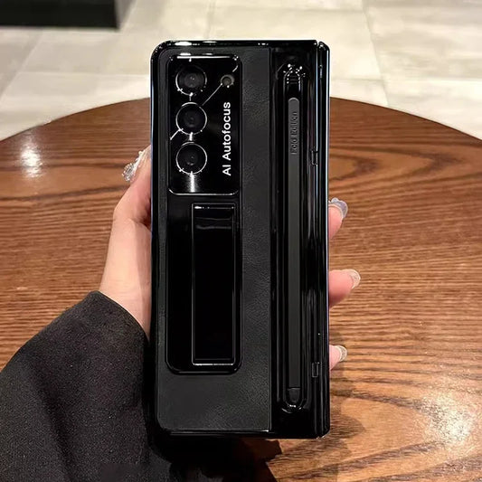 Leather Bracket Pen Slot With Stylus Case For Samsung Galaxy Z Fold 7 6 Fold 5 Fold4 W25 5G Glass Screen Hinge Protection Cover