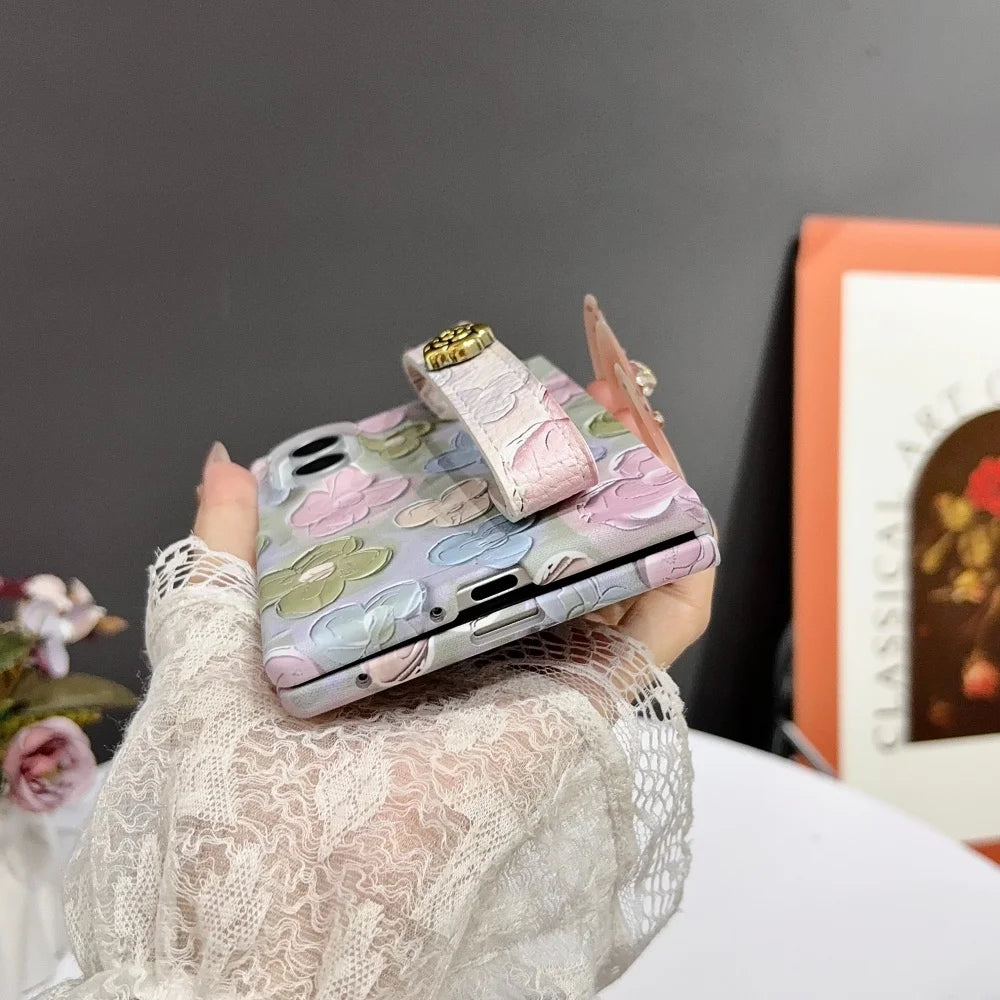 INS Relief Colorful Oil Painting Flower Lanyard All-inclusive Case For Samsung Galaxy Z Fold 8 Ultra Fold 7 Wrist Strap PC Cover
