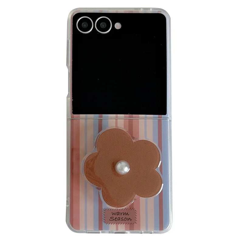 Fashion Brown Stripe Phone Case For Samsung Z Flip 7 6 5 4 Cover with Flower Stand Holder Chain Cute Cases For Galaxy Flip7 Capa