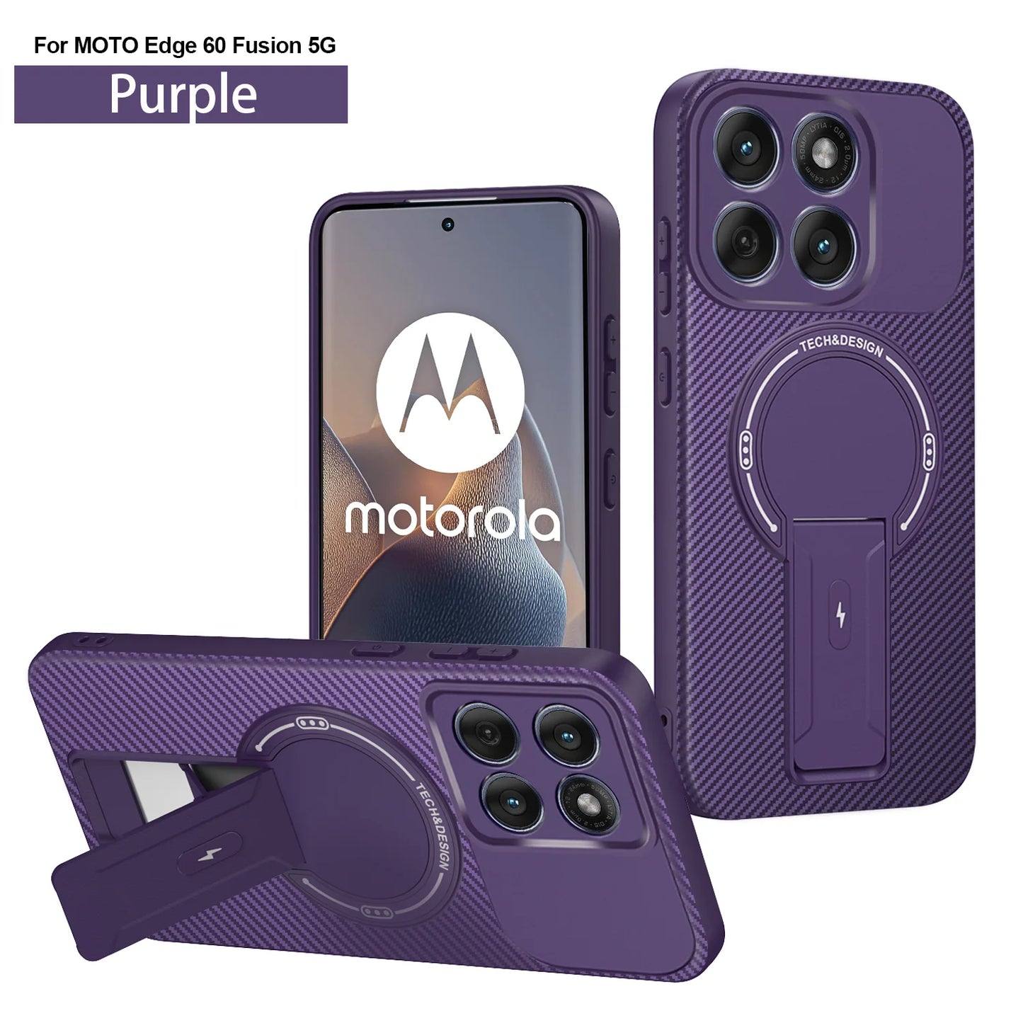 Carbon Fiber Pattern Armor Phone Case For Moto Edge 60 Fusion 50 Pro Cover Magnetic Wireless Chraging Fold Stand Back Fundas