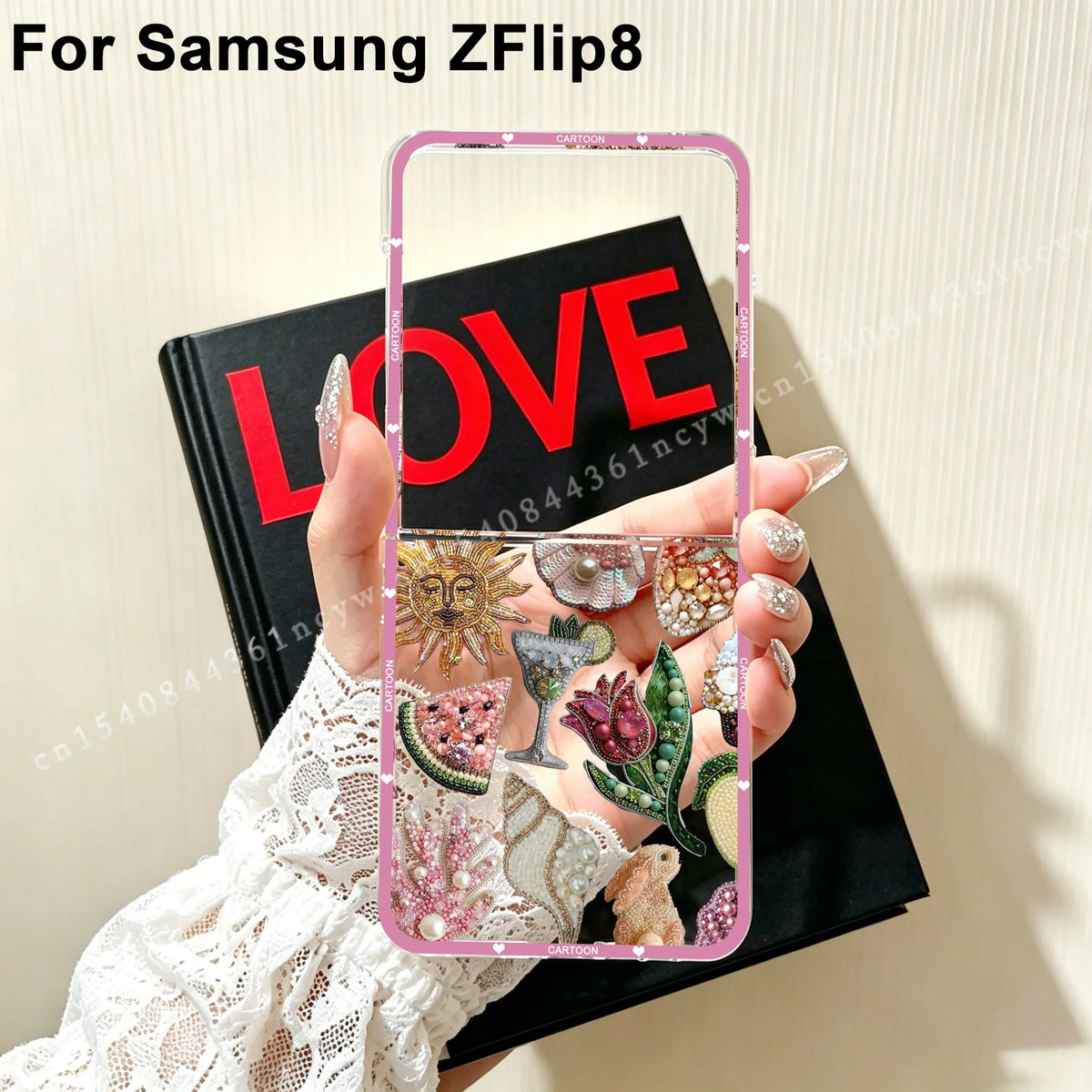 For Samsung Z Flip 8 Beaded Pomegranate Sun Phone Case for Samsung Galaxy Z Flip 8 ZFlip8 Flip8 Clear Hard PC Folding Cover