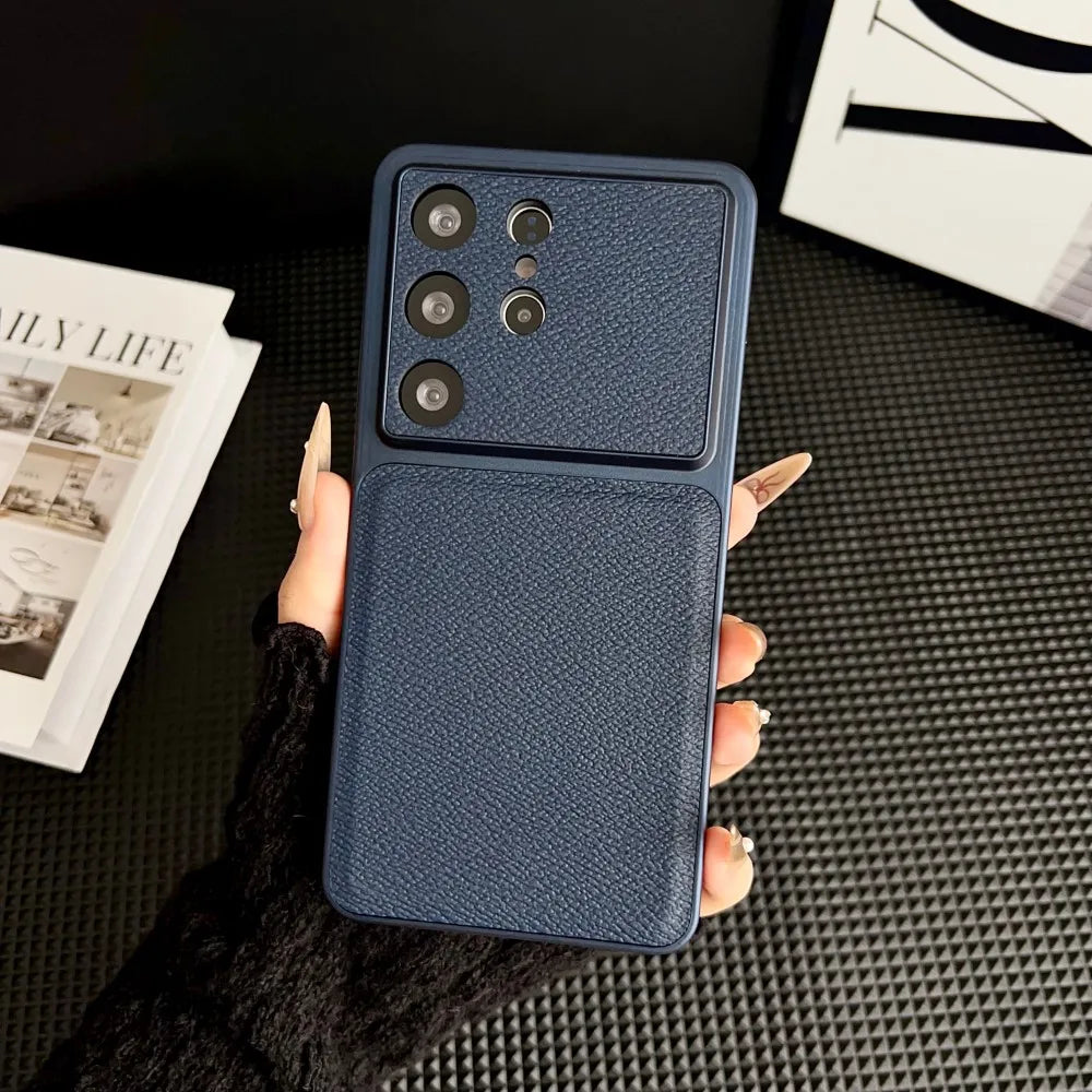 Light luxury Leather Thin Phone Case For Samsung Galaxy S26 Ultra S25 Plus S24 FE Large Window Camera Protection Matte Cover