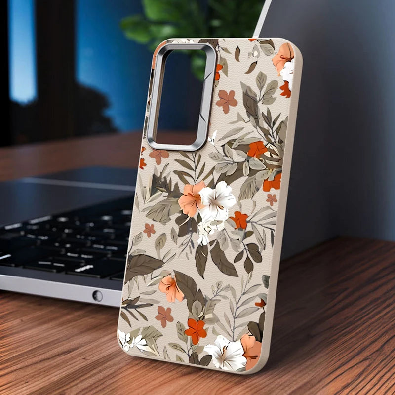 Flower Leaves Case For Samsung Galaxy A55 A35 A25 A15 5G A54 A34 A14 A53 A52 A16 S20 S21 FE S22 S23 S24 Ultra Leather Texture