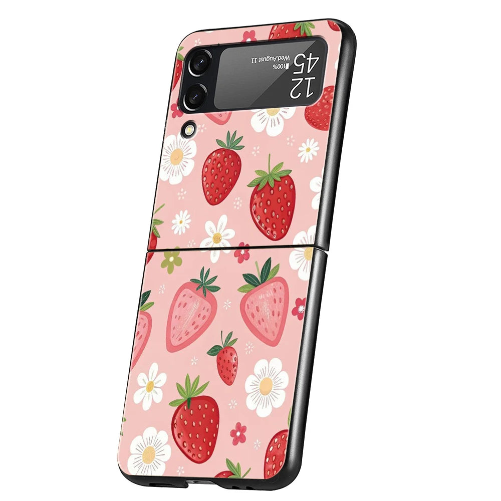 Two White Strawberries Simple Hard PC Phone Case For Samsung Galaxy Z Flip 7 6 5 4 Black Cover For Galaxy Z Flip 3 Foldable Capa