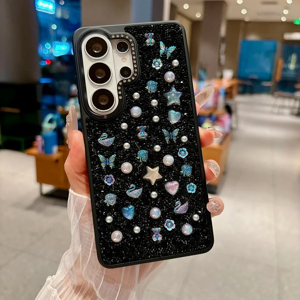 Luxury 3D Pearl Star Glitter Phone Case For Samsung Galaxy S26Ultra S25Ultra Korean Girl Shockproof Protection Back Cover