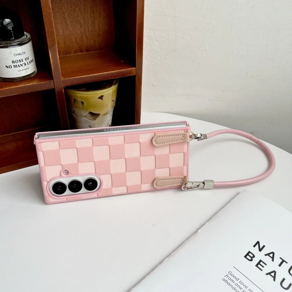 Vintage Chevron Wrist Strap Lanyard Anti Drop Fold Phone Case For Samsung Z Fold 7 6 5 4 3 Lens Protection Shockproof Back Cover