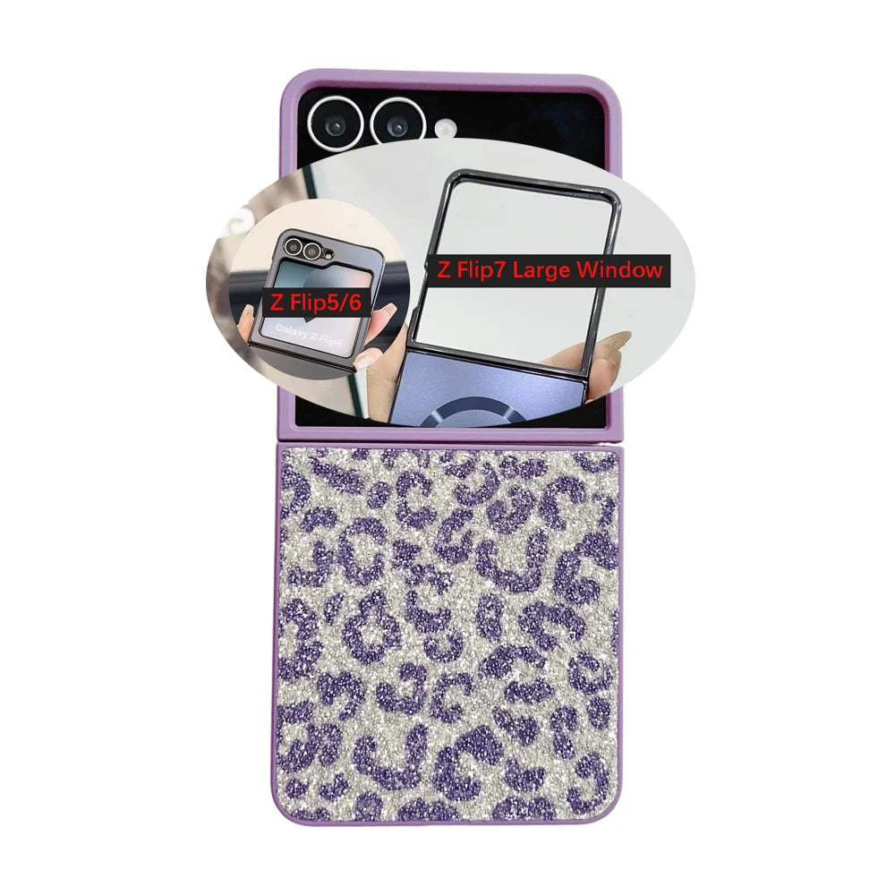 Z Flip 7 5G Glitter Leopard Print Folding Phone Case For Samsung Galaxy Z Flip7 Flip6 Flip 5 4 Shockproof Skin Feel Bumper Cover