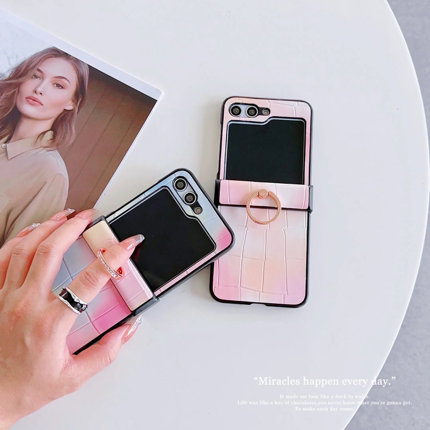 Leather Ring Gradient Color Fall Prevention Phone Case for Samsung Galaxy Z Flip 6 5 4 3  Flip5 Flip4 Flip3 5G Shockproof Cover