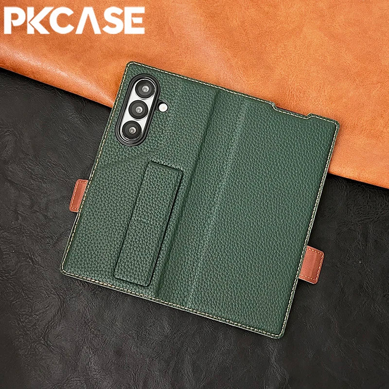 PKCASE Leather Magnetic Clasp Card Slot Wallet Phone Case For Samsung Galaxy Z Fold 7 6 5 4 3 Shockpoof Wristband Bracket Cover