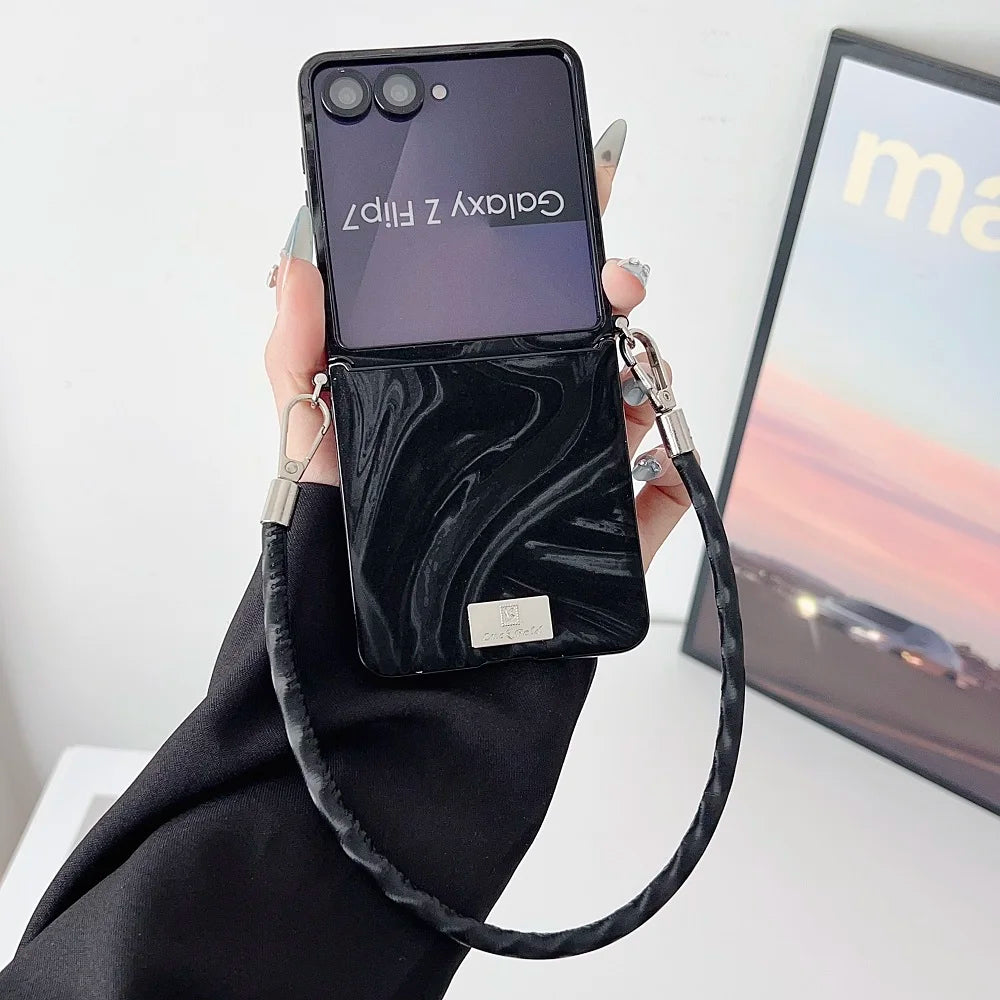 Luxury Water Ripple PU Leather Phone Case For Samsung Galaxy Z Flip 7 6 5 4 3 Flip7 FE Protection Folding Cover with Lanyard