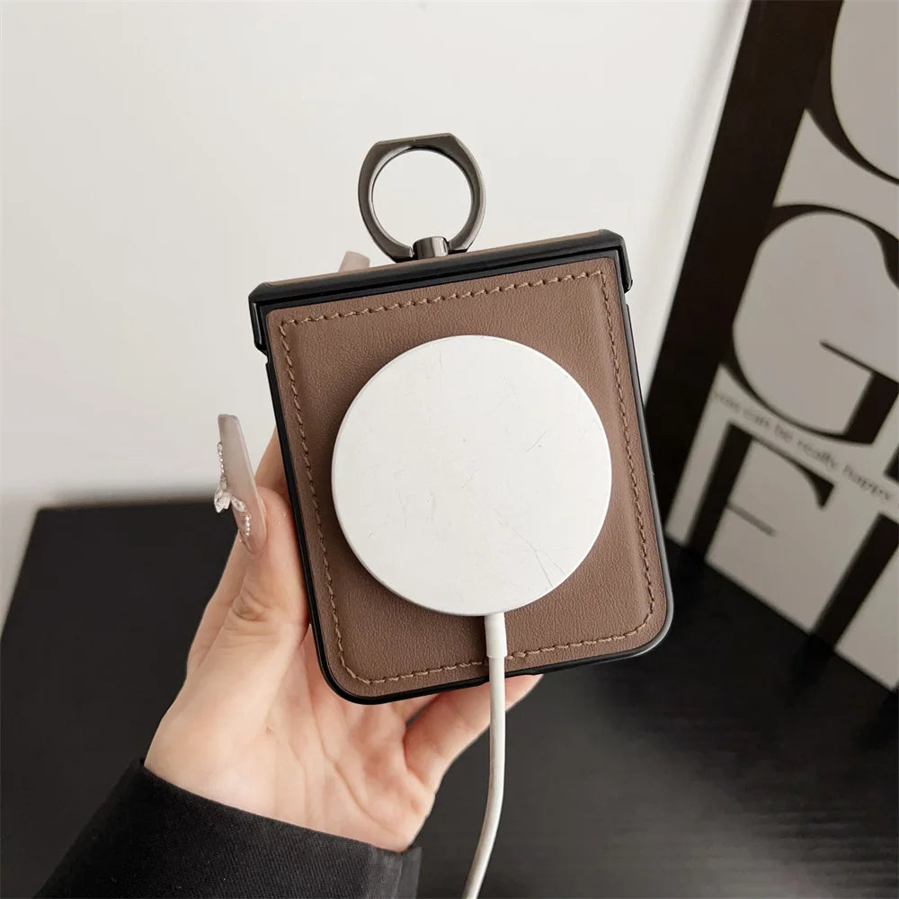 Luxury Leather Ring Holder for Magsafe Case for Samsung Galaxy Z Flip 6 5 4 3 7 flip6 Flip5 Magnetic Bracket Shockproof Cover
