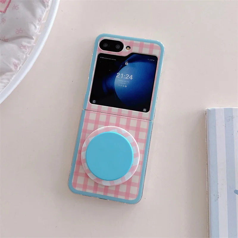 Korean Color Plaid Pattern Magnetic Phone Case For Samsung Galaxy Z Flip 7 6 5 4 Flip6 Flip7 Cover with Magsafe Stand Cases Capa
