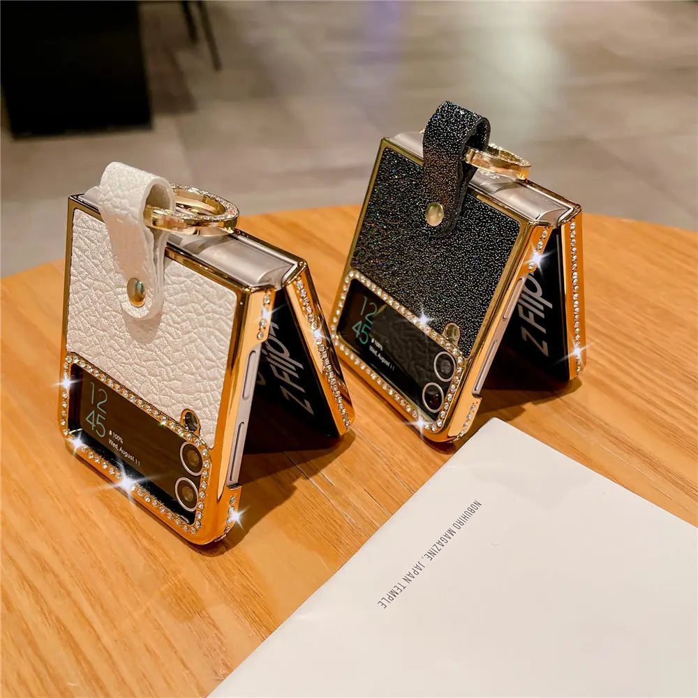 Ring Holder PU Leather Plating Case For Samsung Galaxy Z Flip 6 Flip 5 Flip 4 Zflip 3 Bling Diamond Shockproof Cover
