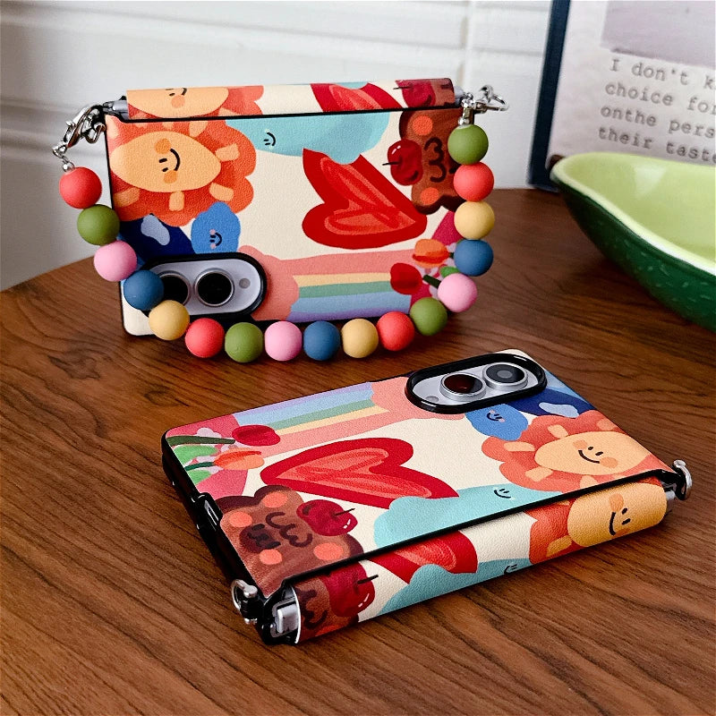 Luxury Oil Painting Sun Phone Case For Samsung Galaxy Z Fold 8 ZFold8 Side Buckle Protection Cover With Colorful Beads Chain