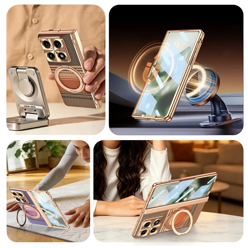 Luxury For Motorola Razr Fold Case Splicing Magnetic PC Shockproof Anti-Fingerprint  Rotating Alloy Holder Folding Cover
