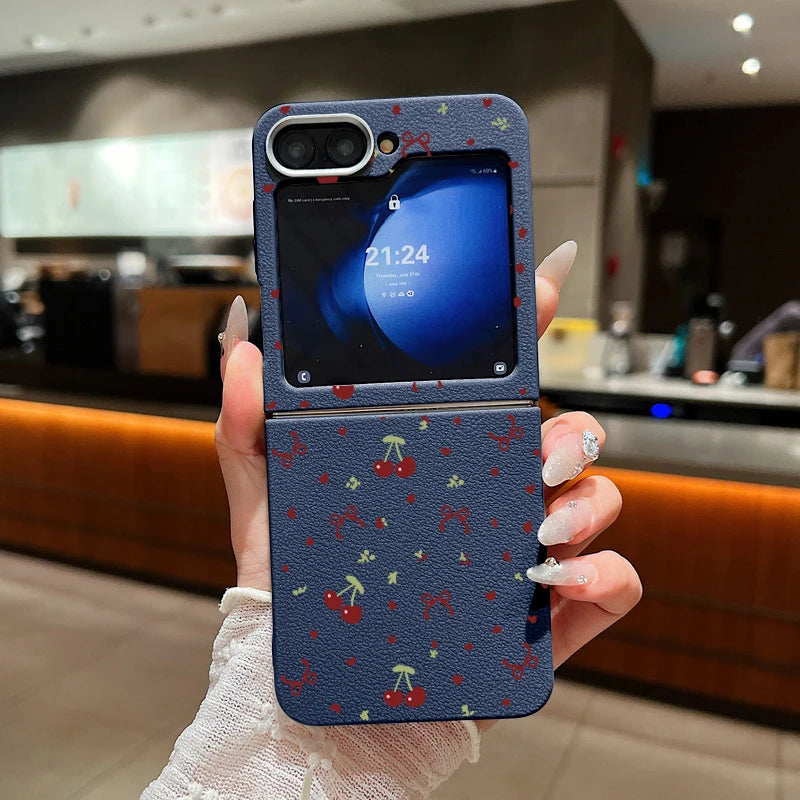 For Samsung Galaxy Z Flip 3 4 5 6 5G Leather Texture Phone Case Cherry Pattern Soft TPU Folding Cover For Samsung Z Flip5 Flip4