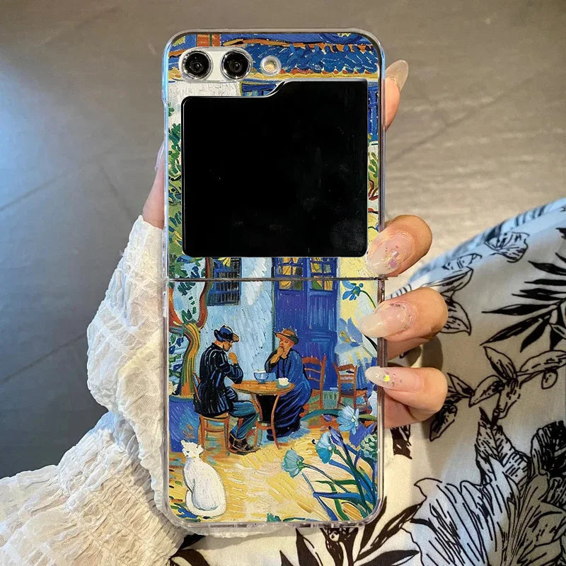 Art Van Gogh Sunflower Cat Oil Painting Phone Case For Samsung Galaxy Z Flip 6 5 7 3 4 Clear Hard PC Folding Cover For Z Flip 5