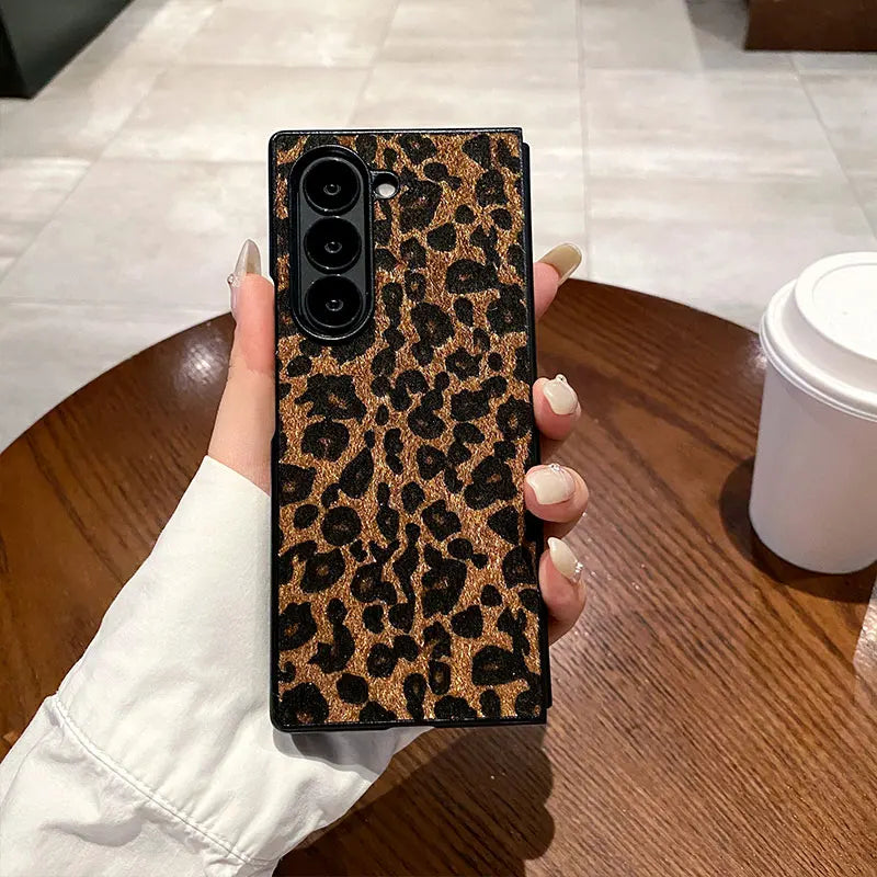 Fashion Flush Leopard Leather Plush Textured Back Cover For Samsung Galaxy Z Fold 6 5 4 3 7 5G  Luxury Hard PC Phone Case