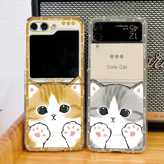 Funny Cartoon Cat Couple Phone Case For Samsung Galaxy Z Flip 6 7 3 4 Clear Hard Folding Cover For Zflip 5 Lovely Animal Fundas