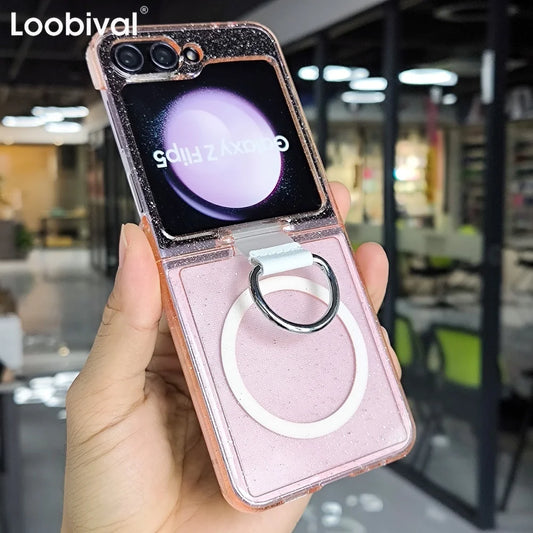 Z Flip7 FE Glitter Transparent Magnetic Ring Phone Case For Samsung Galaxy Z Flip 7 6 5 4 3 Wireless Charging Shockproof Cover