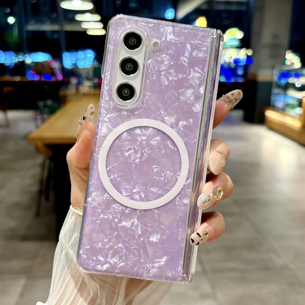 Dreamy Shell Pattern Magnetic Hinge Case For Samsung Galaxy Z Fold 7 6 5 4 5G Wireless Charging Ultra Thin Hard PC Bumper Cover