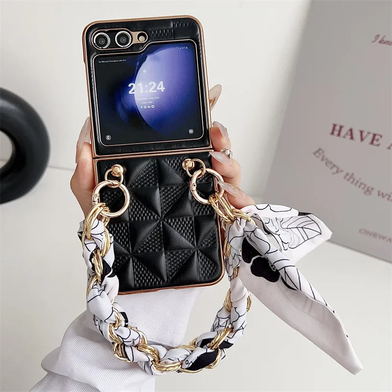 Hand Lanyard Lattice Pattern Phone Cover For Samsung Z Flip5 ZFlip 3 4 Wrist Chain Rope Electroplated Case For Galaxy Flip 6 5