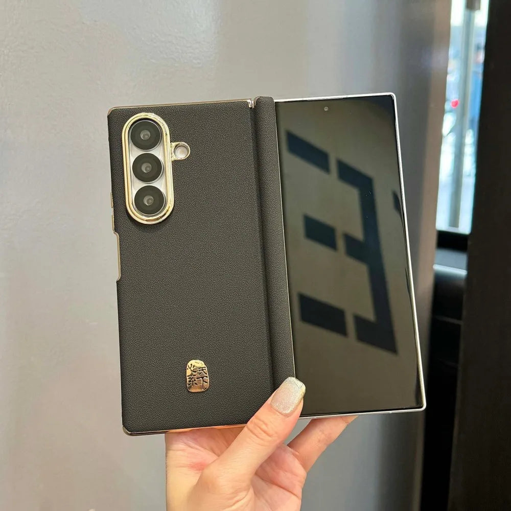 Luxury Leather Glossy Frame Case For Samsung Galaxy Z Fold7 Fold 7 5G Dual Axis Double Hinge Shockproof Armor Back Cover