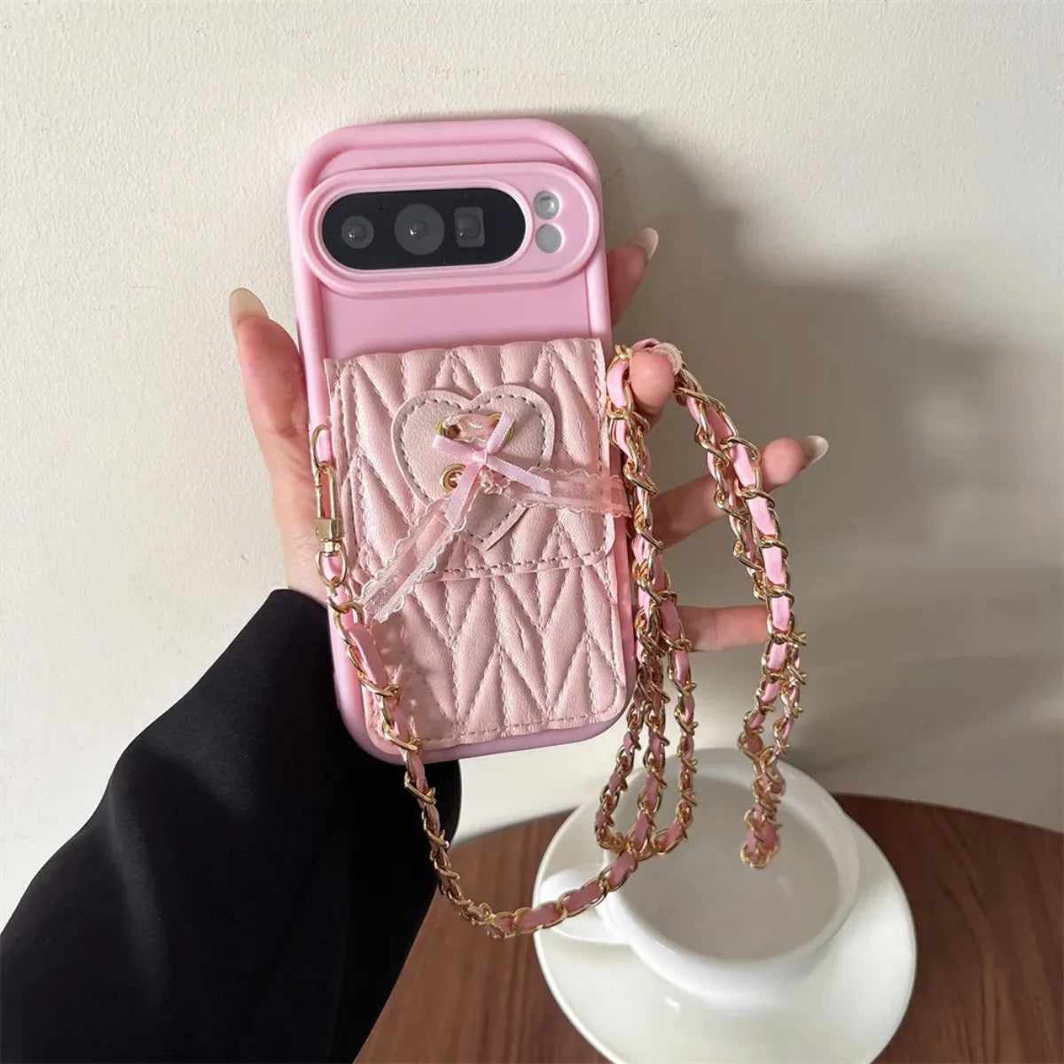 Crossbody Lanyard Card Holder Wallet Quilted PU Leather Phone Case with Ribbon Bow For Google Pixel 10 Pro XL 9 8 7 9a 8a 7a