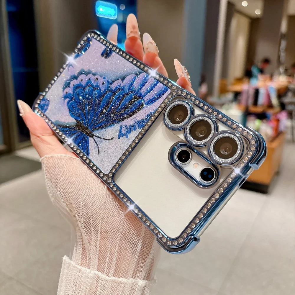 Bling Glitter Diamond Butterfly Phone Case For Samsung Galaxy S26 S25 S24 S23 S22 Ultra Lens Protection Plating Shockproof Cover
