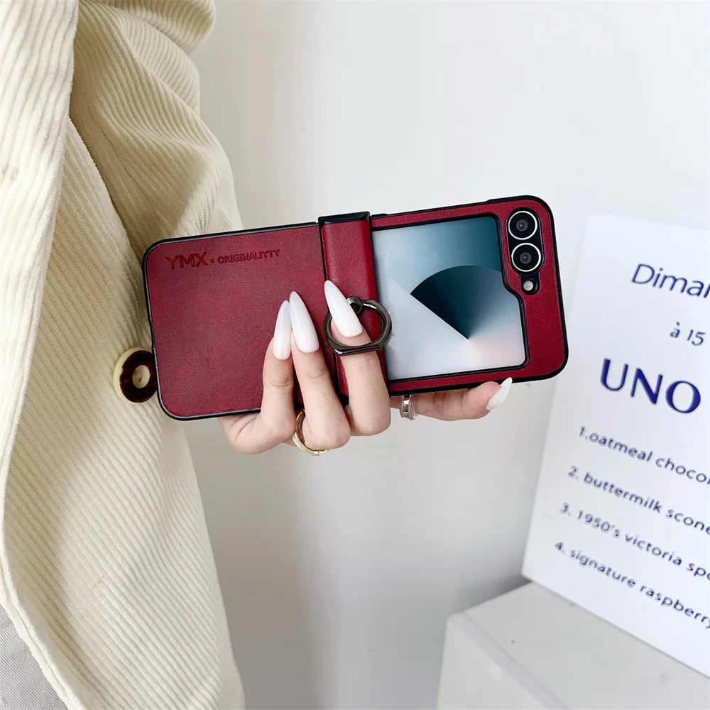 For Samsung Z Flip6 Flip 7 6 5 Luxury Leather Ring Holder Phone Case for Galaxy Z Flip7 Z Flip 5 4 3 3in1 Hinge Protection Cover