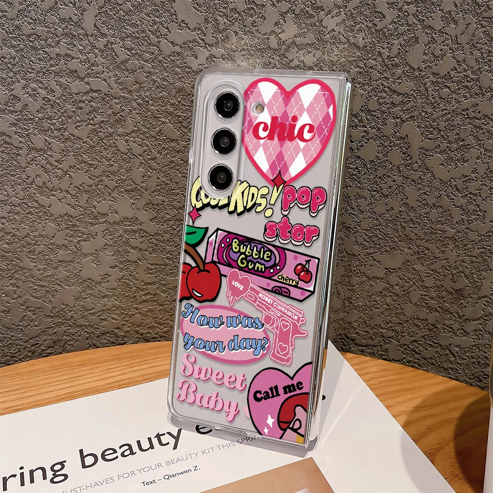 Cherry Heart Bowknot Clear Phone Case For Samsung Galaxy Z Fold 6 7 Fold 5 ZFold 4 3 2 ZFold SE W26 W25 Hard Folding Cover Funda