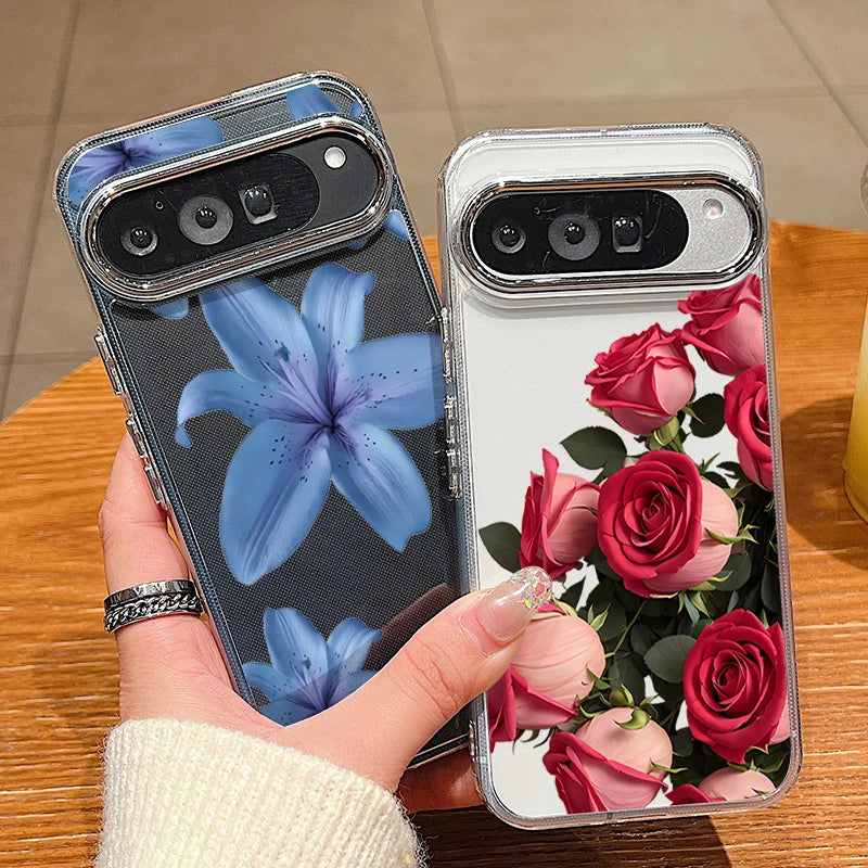 Rose Flowers Pattern Phone Case For Google Pixel 10 9 Pro XL 10 9 8 7 Pro 9A 8A 7A Shockproof Plating Soft TPU Transparent Cover