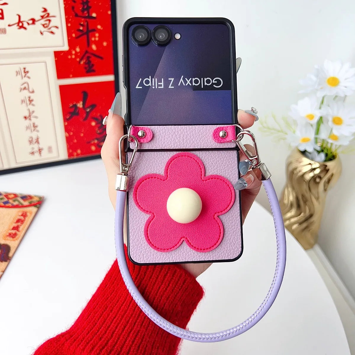 Leather Wristband Z Flip7 3D Flowers Phone Case for Samsung Galaxy Z Flip 7 6 5 4 3 5G Flip7FE Hinge Protective Shockproof Cover