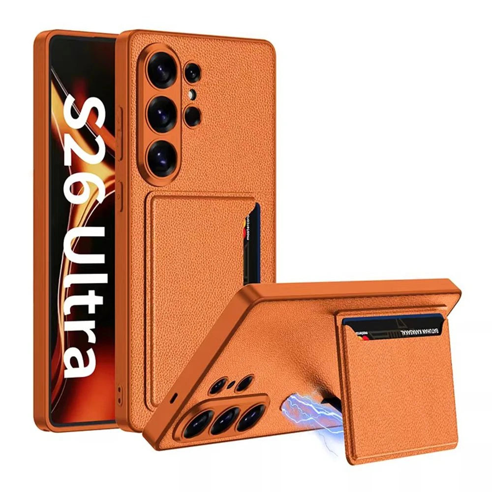 Luxury Leather Flip Wallet Card Package Holder For Magsafe Phone Case for Samsung Galaxy S26 Ultra All-inclusive Hard Back Cover
