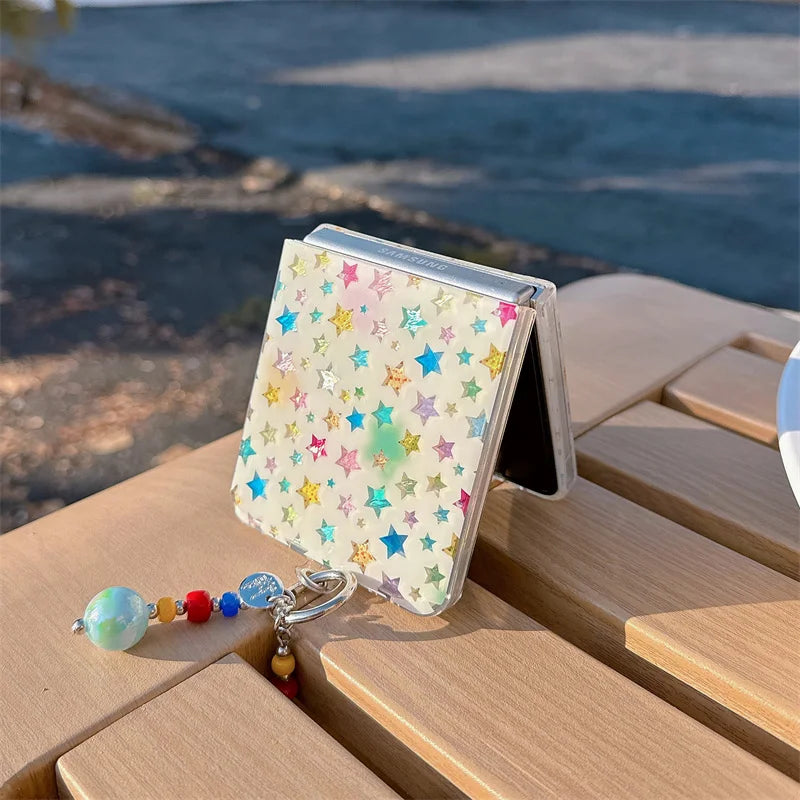 Colorful Little Star Phone Case For Samsung Galaxy Z Flip 7 6 5 4 3 ZFlip6 ZFlip7 Cover with Chain Cute Protective Cases For Gir