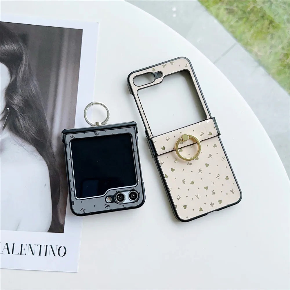 Luxury PU Leather Phone Case for Samsung Galaxy Z Flip 6 5 Flip6 Flip5 5G Ring Hard Shell Shockproof Cover